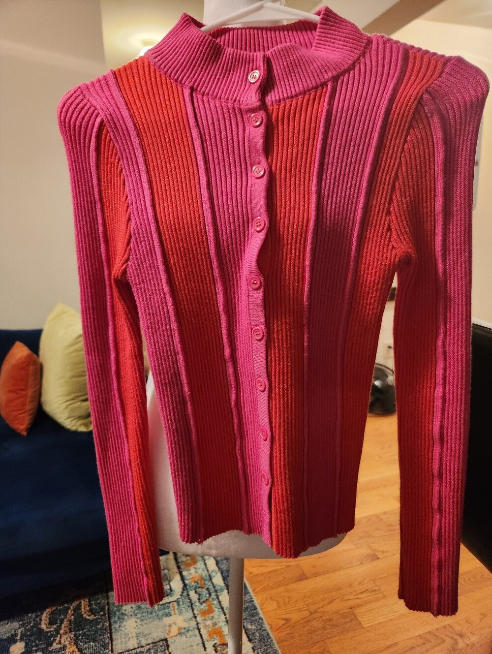 Zara Zipper Front Two Tone Pink And Orange Fitted Sweater,Size M